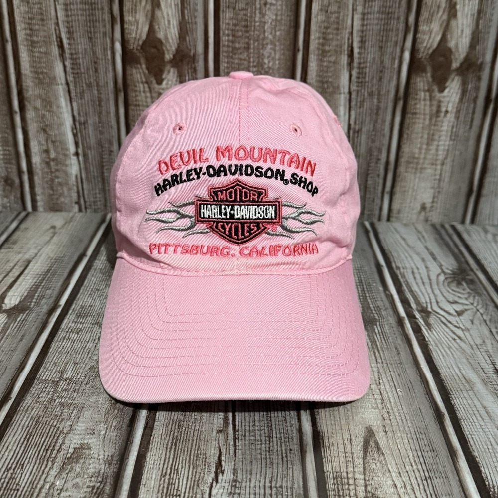 Vintage Harley Davidson Devil Mountain Pittsburg California Pink Hat Cap Flames